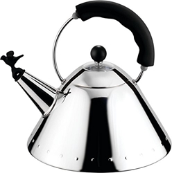Picture of Alessi kettle with handle, made of stainless steel, bird shaped flute made of PA, black