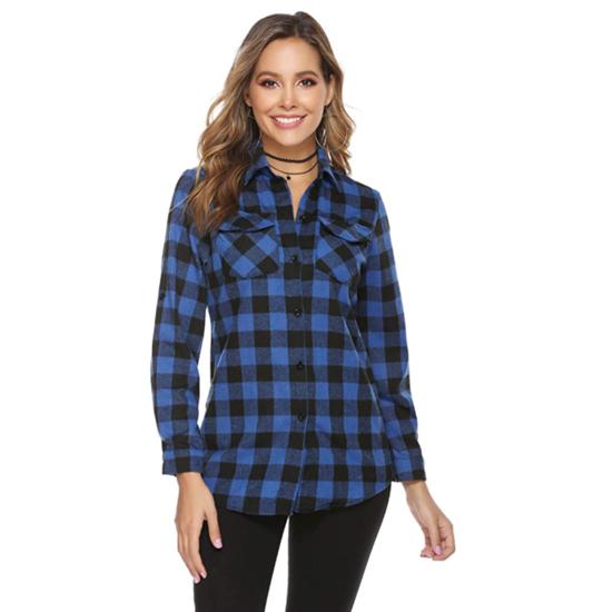Picture of Abollria Women's Checked Blouse Long Sleeve Casual Checked Shirt Blouse Boyfriend Button-Down Blouse ShirtCasual with Random Black/White Buttons