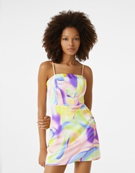 Picture of bershka Printed strappy satin mini dress with corset effect, Size S 